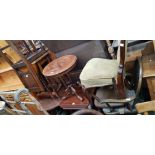 Various items of furniture; oak drop leaf table, copper top coffee table, nest of tables, four