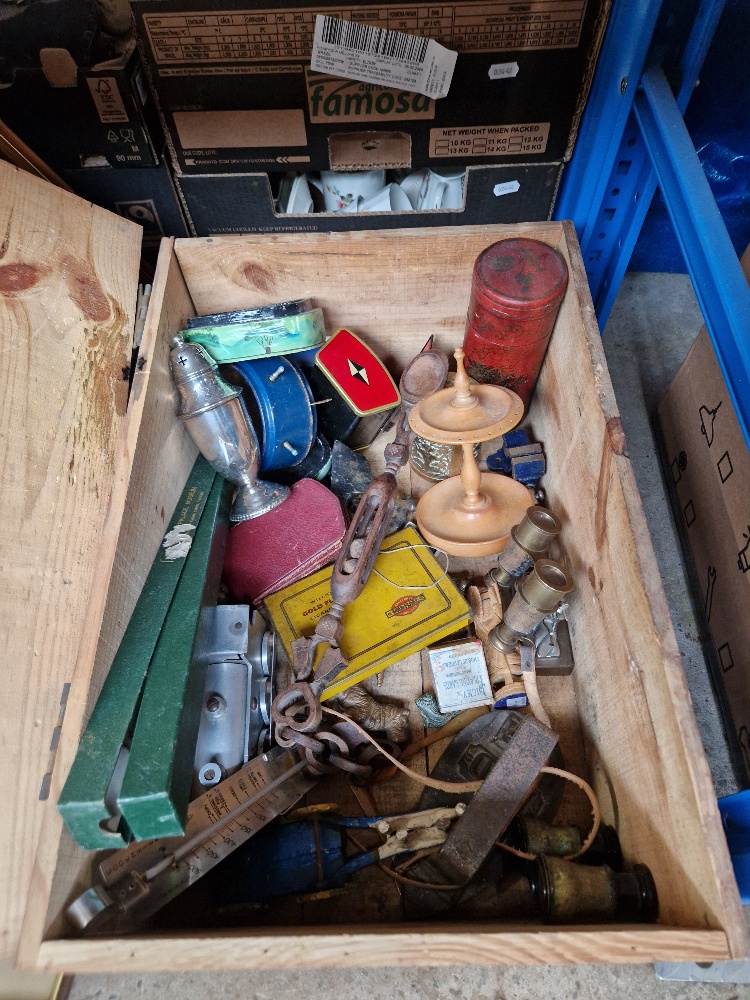 A wine crate containing assorted collectables including toys, treen, metalware etc. etc.