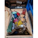 A wine crate containing assorted collectables including toys, treen, metalware etc. etc.
