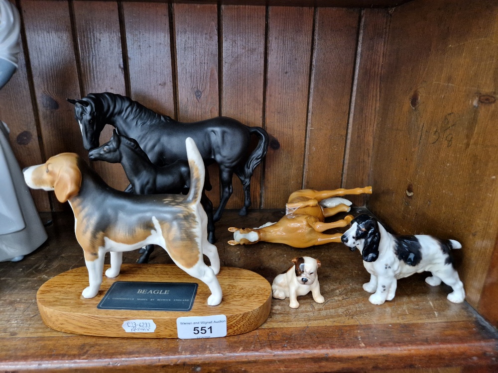 Beswick - Beagle on wooden plinth (1933B), Black Beauty and Foal, Palomino Prancing Arab (with leg