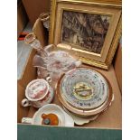 A mixed lot comprising a box of assorted china and glass, barometer.