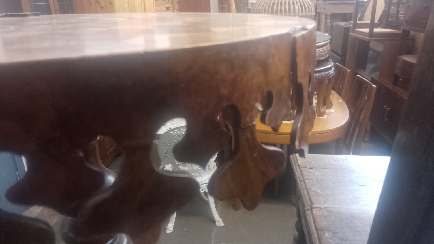 A Victorian oak and walnut parquetry inlaid pedestal table with various specimen woods to the top. - Image 9 of 9