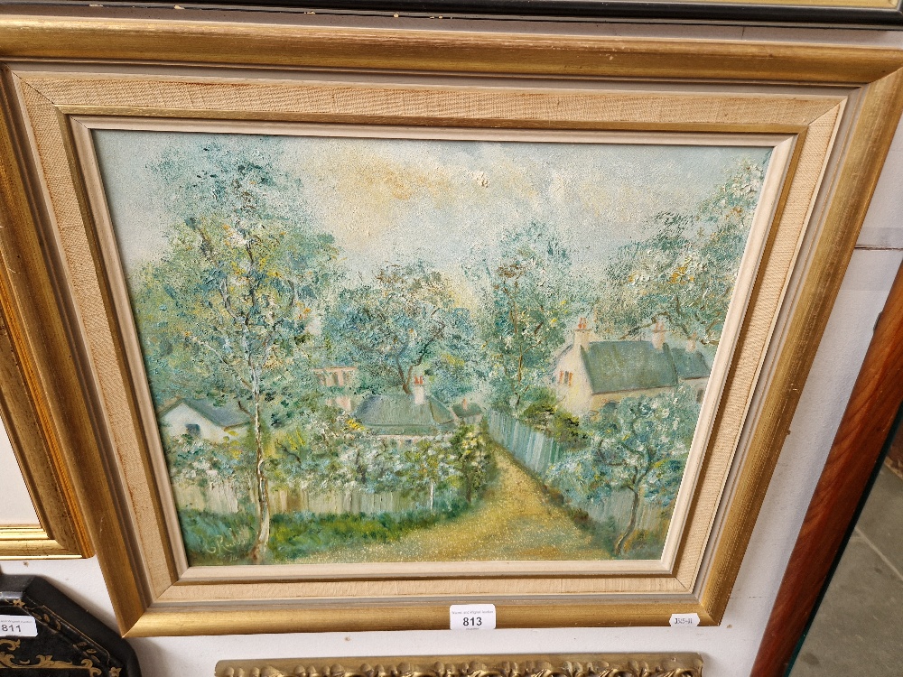 20th century school, oil on board, titled 'Sanctuary of the Fragrant Growth', 39cm x 34cm, signed 'G