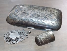 Hallmarked silver comprising a cigarette case, a thimble and a fob.