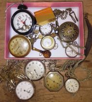 A box of assorted pocket watches and chains etc.