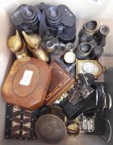 A box of assorted items including a novelty clock modelled as a cannon and signed Hermin,