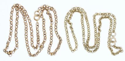 Two 9ct gold rolo link chains: one hallmarked 9ct gold, the other marked '9K', lengths 43cm & 48cm