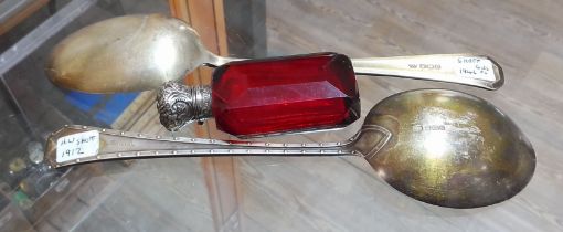 Hallmarked silver comprising a red cut glass scent bottle with hallmarked silver top, length 8.