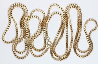 A long 9ct gold box link guard or muff chain, bolt ring clasp marked '9ct', length 150cm, weight