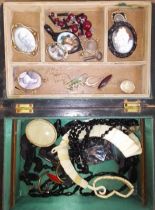 A Victorian parquetry inlaid box and contents including mourning, jet, bone, etc.