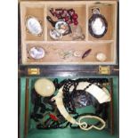 A Victorian parquetry inlaid box and contents including mourning, jet, bone, etc.