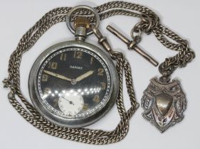 A WWI Damas pocket watch with white metal Albert chain with hallmarked silver T bar and fob.