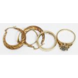 Assorted 9ct gold jewellery comprising three rings and a pair of rings, gross weight 8.6g.