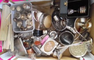 A box of assorted hallmarked silver and silver plate including silver mounted glass ware, bone