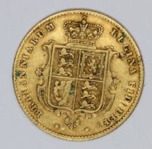 A Victorian 1853 shield back half sovereign.