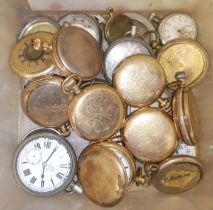 A box of assorted pocket watches including gold plated, all as found.