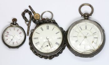 A group of three silver pocket watches, one with white metal chain, all as found.