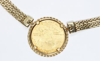 A United states 2006 1/4 dollar coin, mounted within chevron necklace, marked '14Kt', length 40cm,