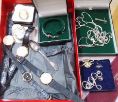 A mixed lot of jewellery including silver, costume, a Raymond Weil gold plated wristwatch and
