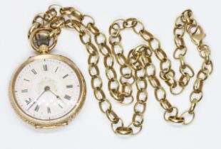 A ladies open faced pocket watch, diameter 34mm, the case back marked '14K', weight 30g, on 50cm