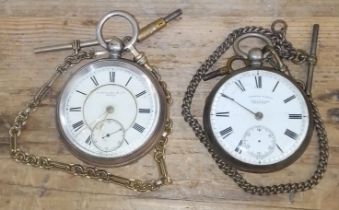 Two hallmarked silver pocket watches with Albert chains.