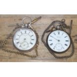 Two hallmarked silver pocket watches with Albert chains.