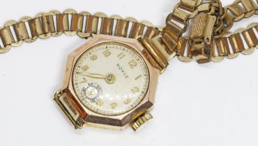 A ladies 9ct gold Royce wristwatch, gold plated strap. Condition - as found.