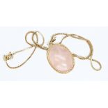 A hallmarked 9ct gold rose quartz cabochon pendant on 38cm chevron link chain with 9ct gold import