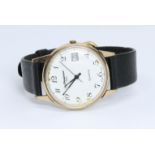 A hallmarked 9ct gold Le Cheminant wristwatch, case diameter 33mm, leather strap.