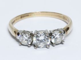 A hallmarked 9ct gold three stone CZ ring, gross weight 3.3g, size X.