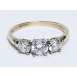 A hallmarked 9ct gold three stone CZ ring, gross weight 3.3g, size X.