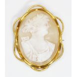 A yellow metal mounted shell cameo brooch, 45mm x 60mm, unmarked, gross weight 20g, Condition -