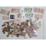 A tub of assorted GB & world coins & banknotes to include some silver.