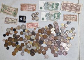 A tub of assorted GB & world coins & banknotes to include some silver.