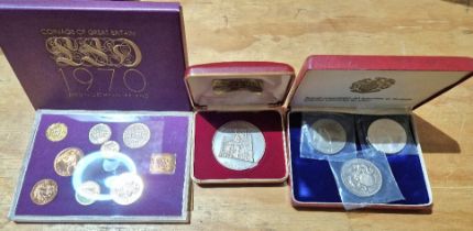 Two coin sets (Gardiners island 1965 & coinage of Great Britain 1970) & a hallmarked silver...