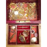 An antique Moroccan red leather bound jewellery box and contents including antique yellow metal etc.