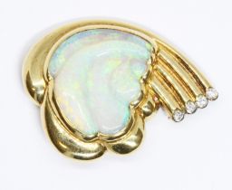 An 18ct gold opal and diamond brooch modelled as a cloud with central carved opal in front of a four