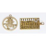 Two charms marked '14K', one modelled as an abacus and the other Chinese characters within border,