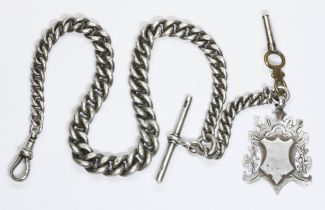 A hallmarked silver Albert chain, with T bar, fob and key, length 36cm, gross weight 69.6g.