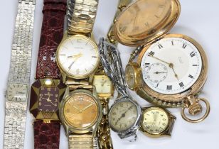 A mixed lot of assorted watches including a gold plated full hunter pocket watch, a Roamer
