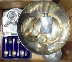 A box of assorted hallmarked silver, Indian white metal and silver plate, hallmarked silver weight