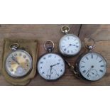 Three silver pocket watches and another.