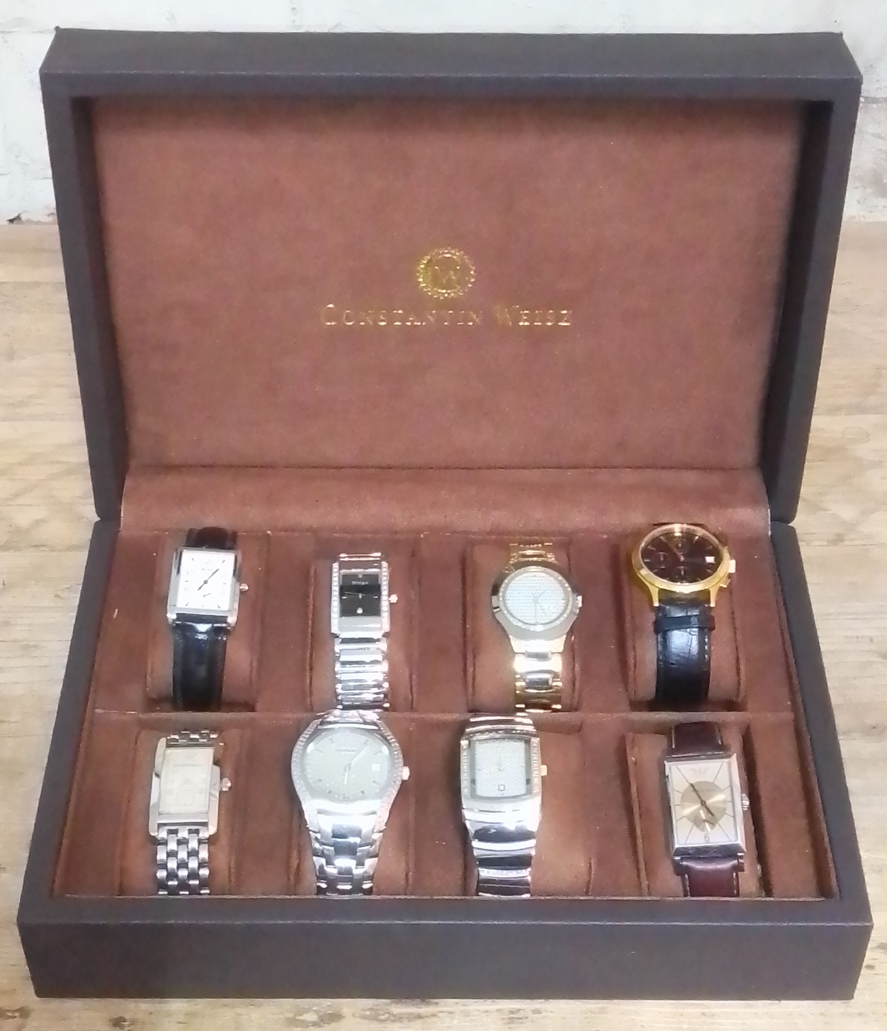 A Constantin Weisz watch box and contents including Armani, Boss, Diamond & Co, etc.