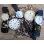 A mixed lot of watches comprising two pocket watches and three wristwatches including silver,