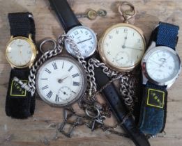 A mixed lot of watches comprising two pocket watches and three wristwatches including silver,