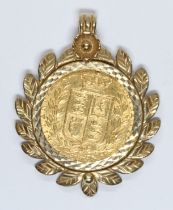 Victoria 1869 shield back sovereign, hallmarked 9ct gold wreath pendant mount, length 38mm, gross