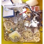 A box of assorted vintage and modern costume jewellery including an Art Deco beaded choker