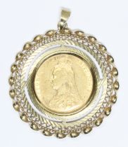 Victoria 1891 sovereign, mounted, the bail with 9ct gold international convention marks, diameter