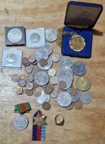 A tub of assorted GB coins, medals & a silver ring to include commemorative crowns (1 gold plated...