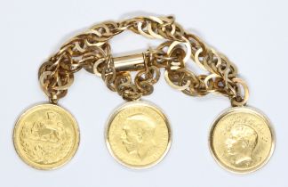 A bracelet set with two Iranian pahlavi coins: 1942 & 1946 and a George V 1926 sovereign, two